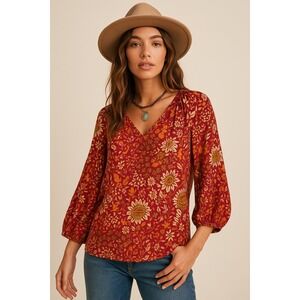 Rachel Zoe Boho Floral V Neck 3/4 Sleeve Blouse Womens‎ Size 1X Fall Peasant Top
